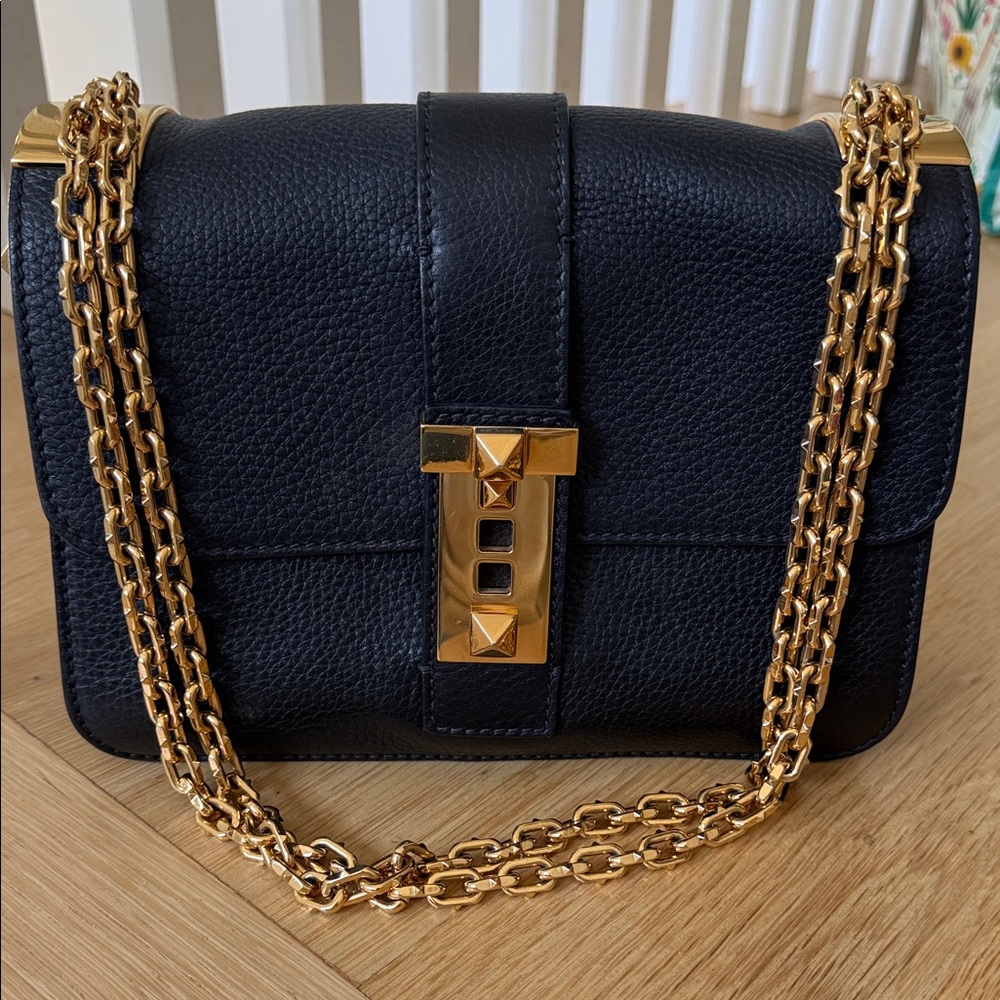 Valentino Black Leather Chain-Shoulder Bag with Gold Hardware